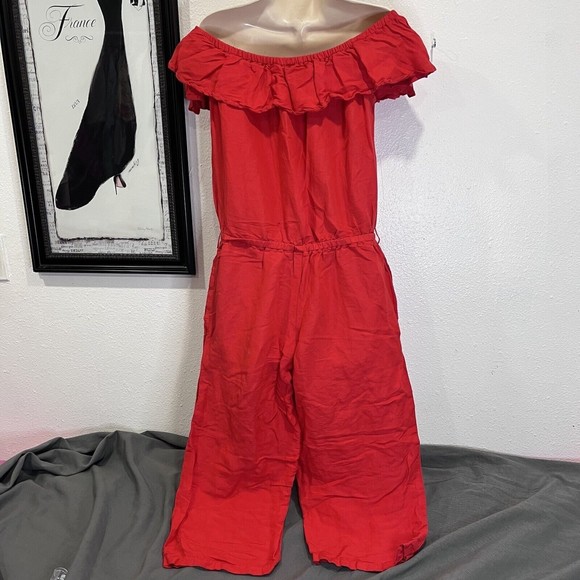 Tommy Bahama Red Linen Blend Ruffle Jumpsuit - Small, Cropped missing  tie belt - Picture 2 of 10